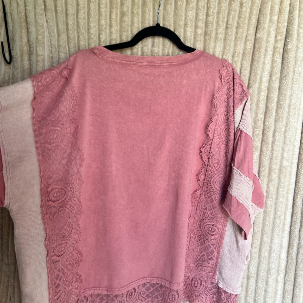 Women's Pink Lace Accent '79' Short Sleeve Tee - Picture 5 of 6